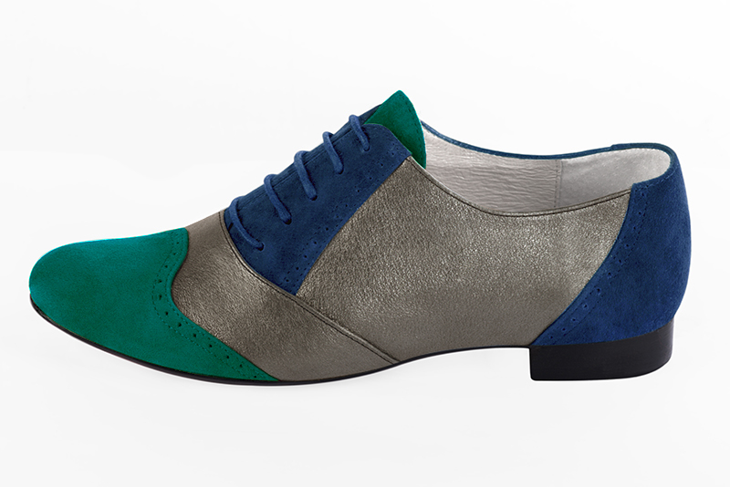 Emerald green, taupe brown and navy blue women's fashion lace-up shoes.. Profile view - Florence KOOIJMAN